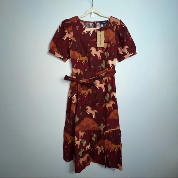 Princess Highway Country Roam Take Me Home Horse Midi Dress Brown AU 8 US 4 West - Picture 2 of 16